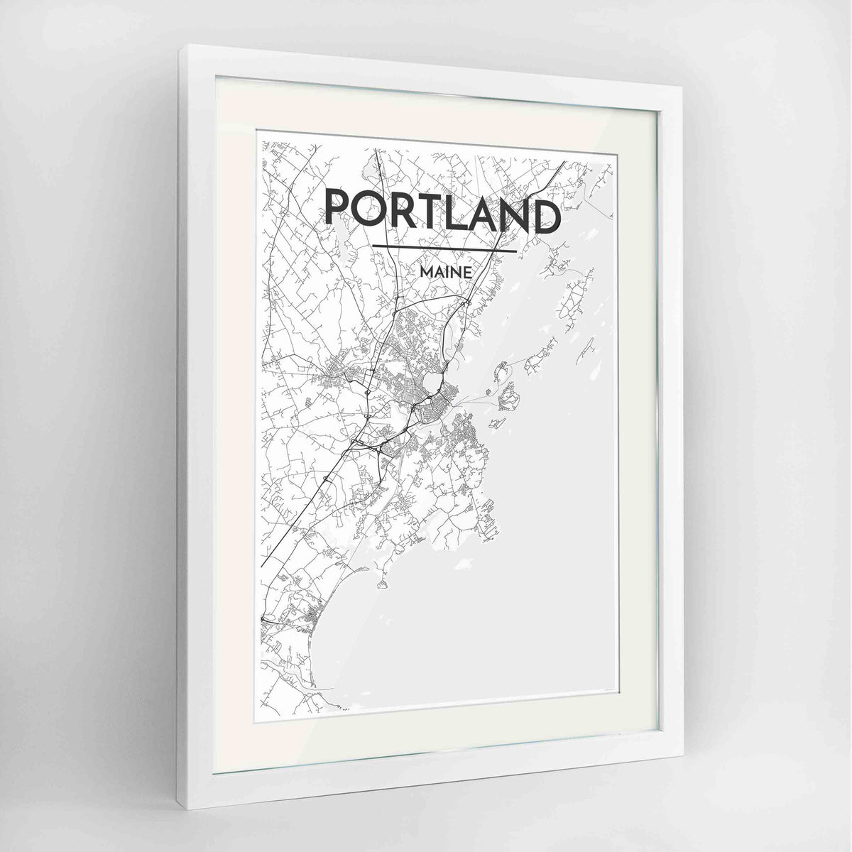 Framed Portland - Maine Map Art Print 24x36&quot; Contemporary White frame Point Two Design Group