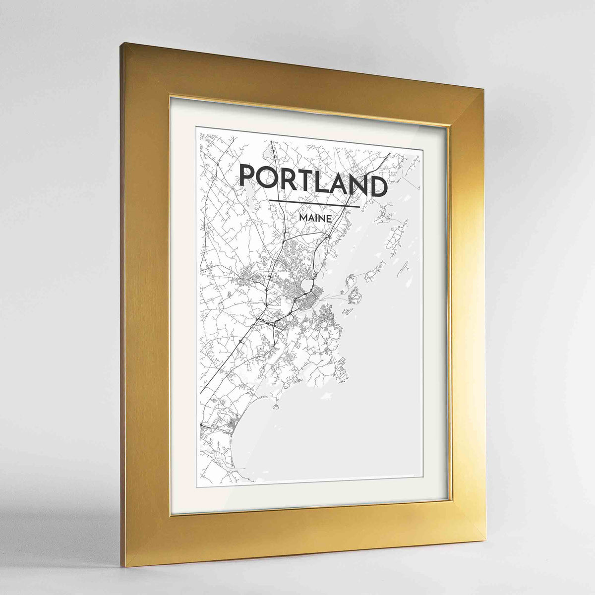 Framed Portland - Maine Map Art Print 24x36&quot; Gold frame Point Two Design Group