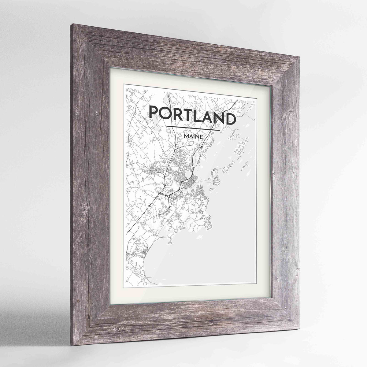 Framed Portland - Maine Map Art Print 24x36&quot; Western Grey frame Point Two Design Group