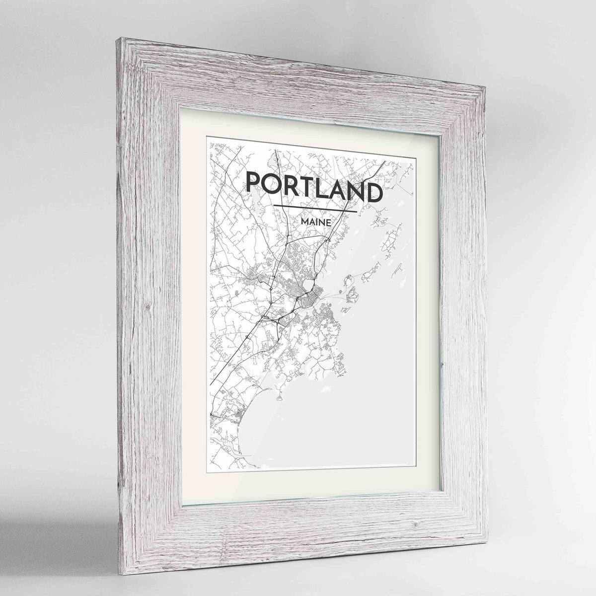 Framed Portland - Maine Map Art Print 24x36&quot; Western White frame Point Two Design Group