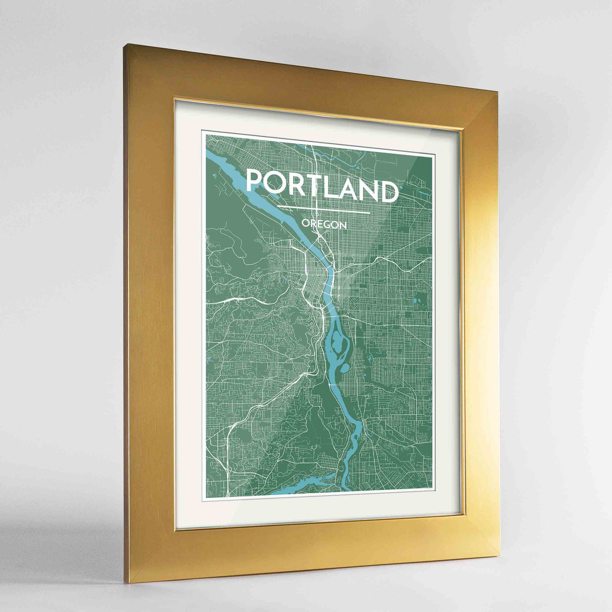 Framed Portland - Oregon Map Art Print 24x36&quot; Gold frame Point Two Design Group