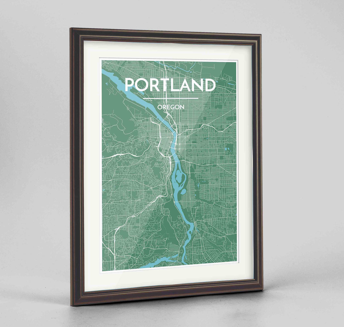 Framed Portland - Oregon Map Art Print 24x36&quot; Traditional Walnut frame Point Two Design Group