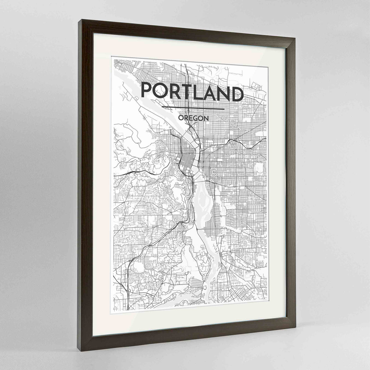 Framed Portland - Oregon Map Art Print 24x36&quot; Contemporary Walnut frame Point Two Design Group