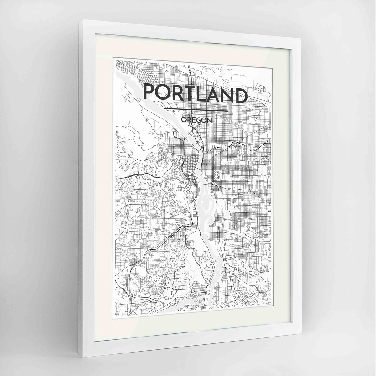Framed Portland - Oregon Map Art Print 24x36&quot; Contemporary White frame Point Two Design Group