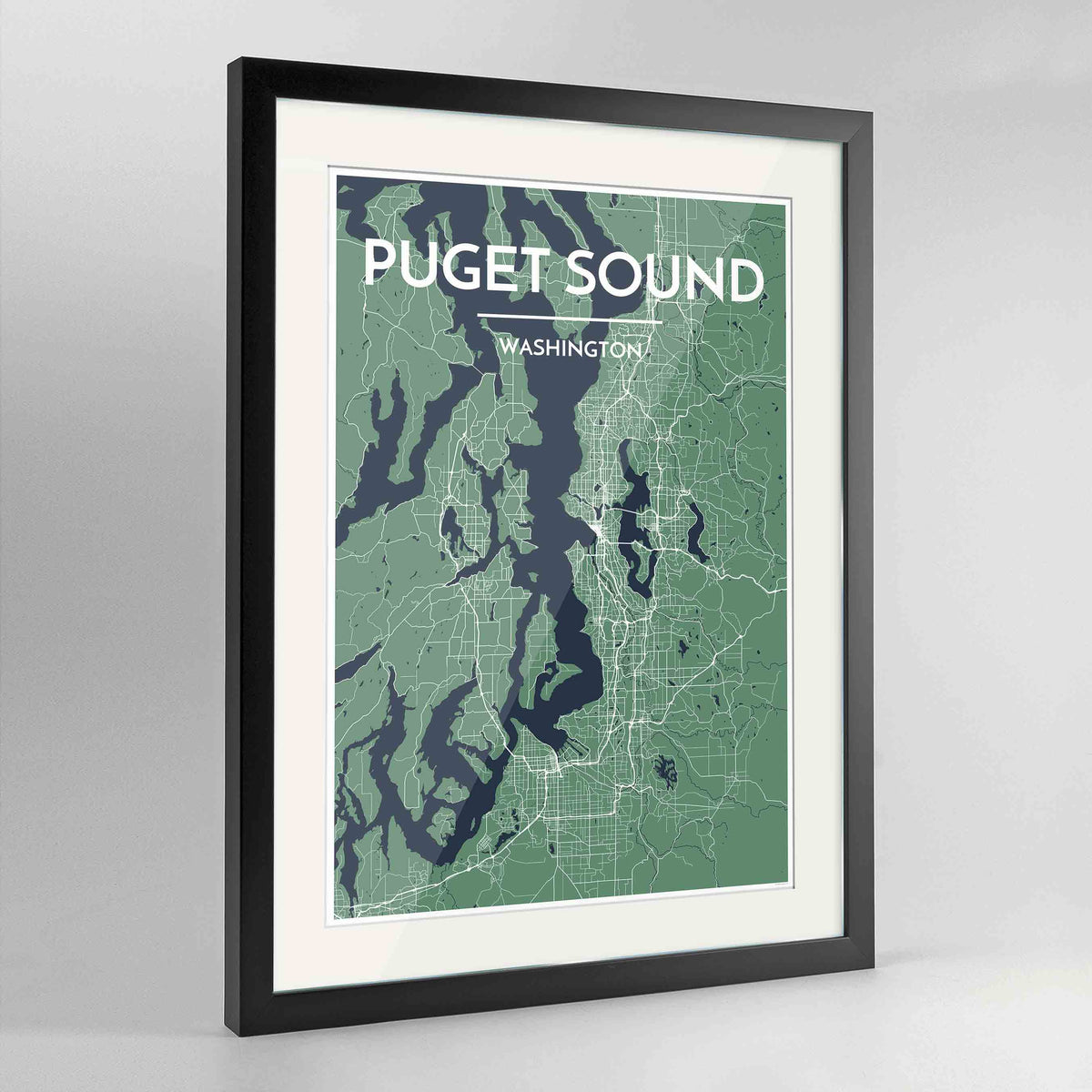 Framed Puget Sound Map Art Print 24x36&quot; Contemporary Black frame Point Two Design Group