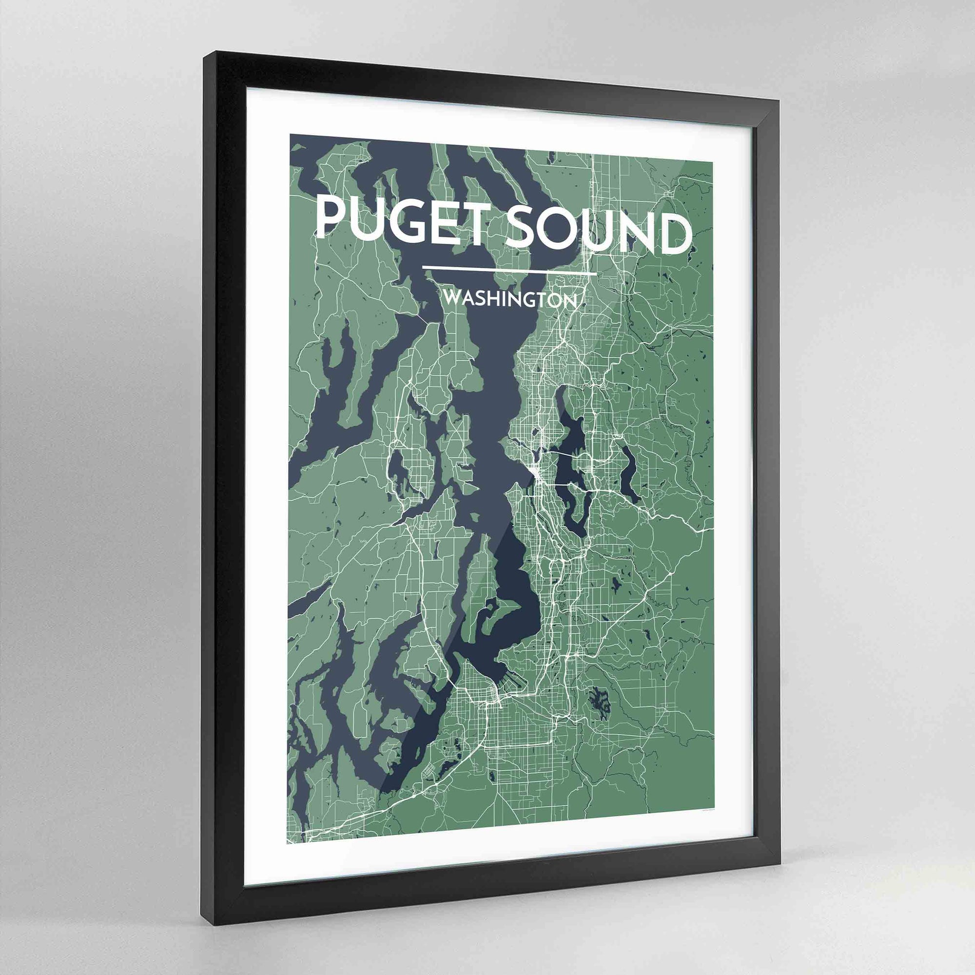 Framed Puget Sound City Map Art Print - Point Two Design