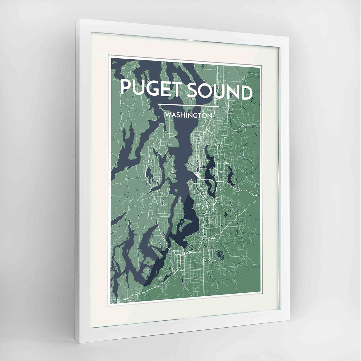 Framed Puget Sound Map Art Print 24x36&quot; Contemporary White frame Point Two Design Group