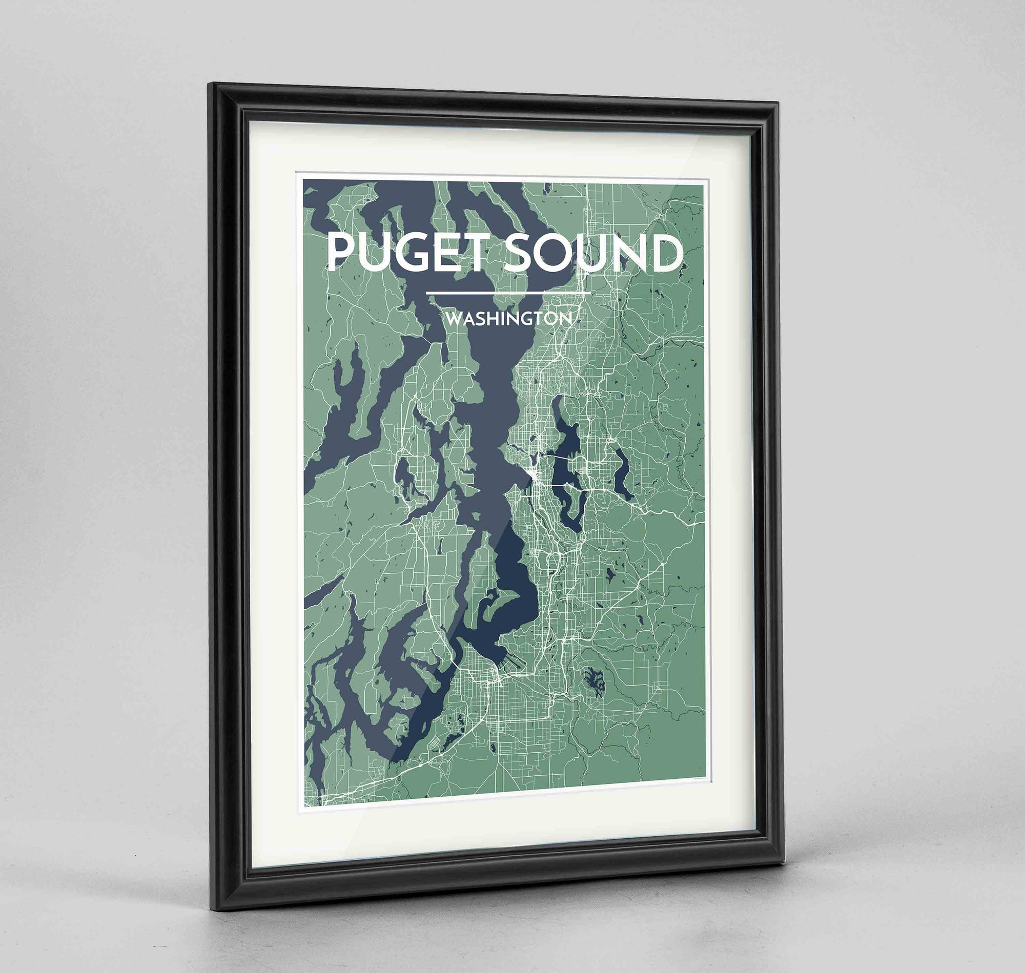 Framed Puget Sound Map Art Print 24x36" Traditional Black frame Point Two Design Group