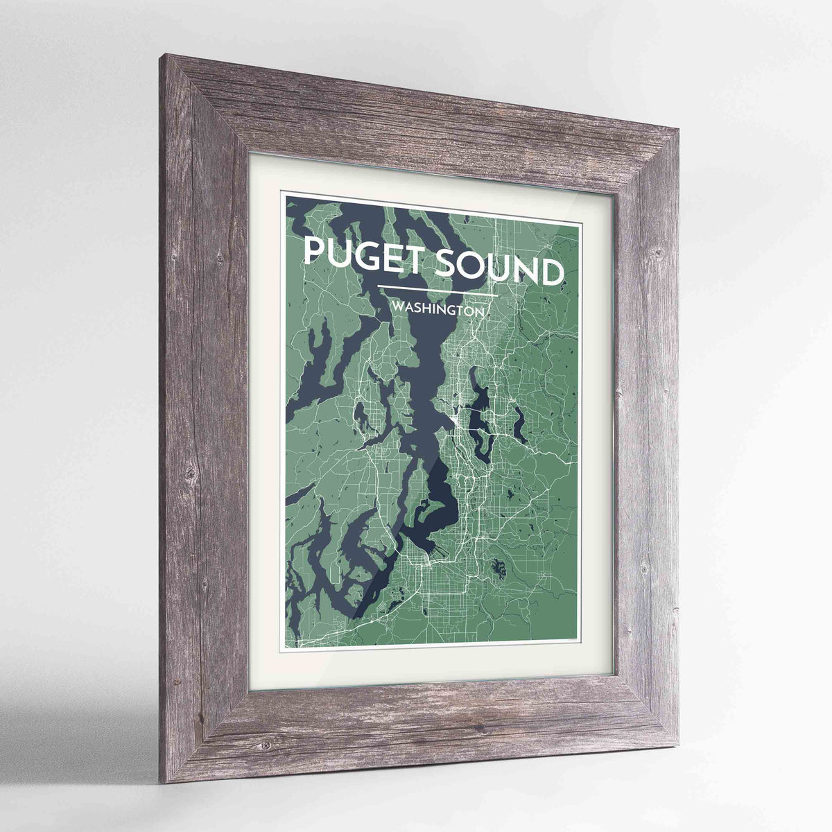 Framed Puget Sound Map Art Print 24x36&quot; Western Grey frame Point Two Design Group
