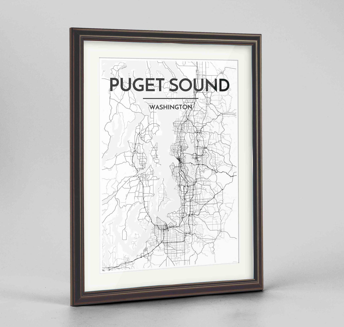 Framed Puget Sound Map Art Print 24x36&quot; Traditional Walnut frame Point Two Design Group