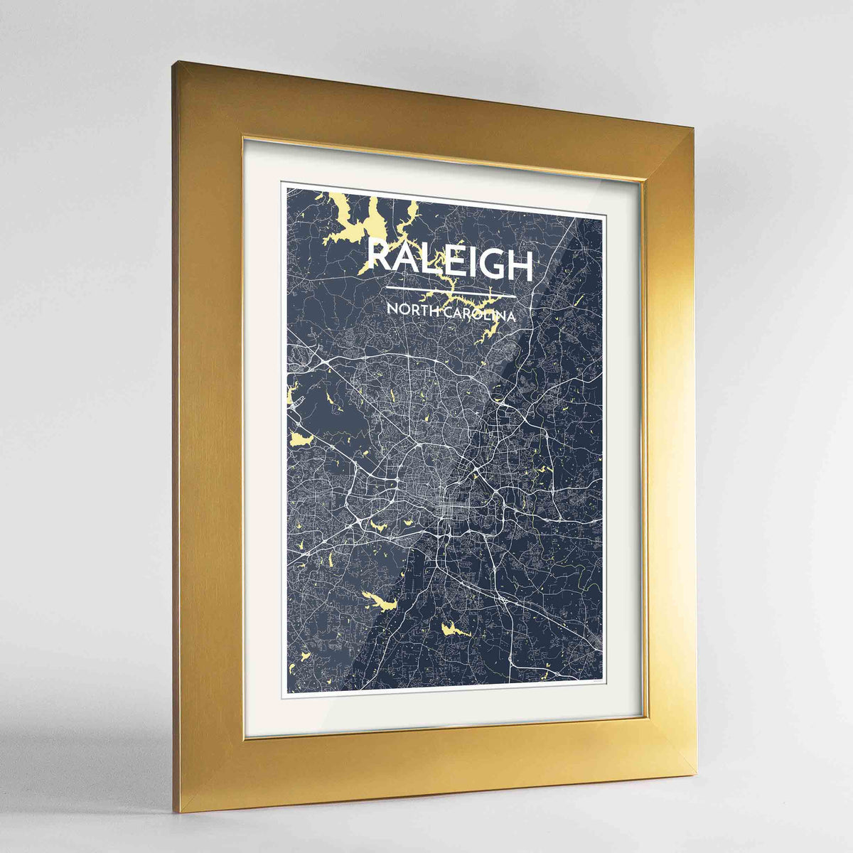 Framed Raleigh Map Art Print 24x36&quot; Gold frame Point Two Design Group