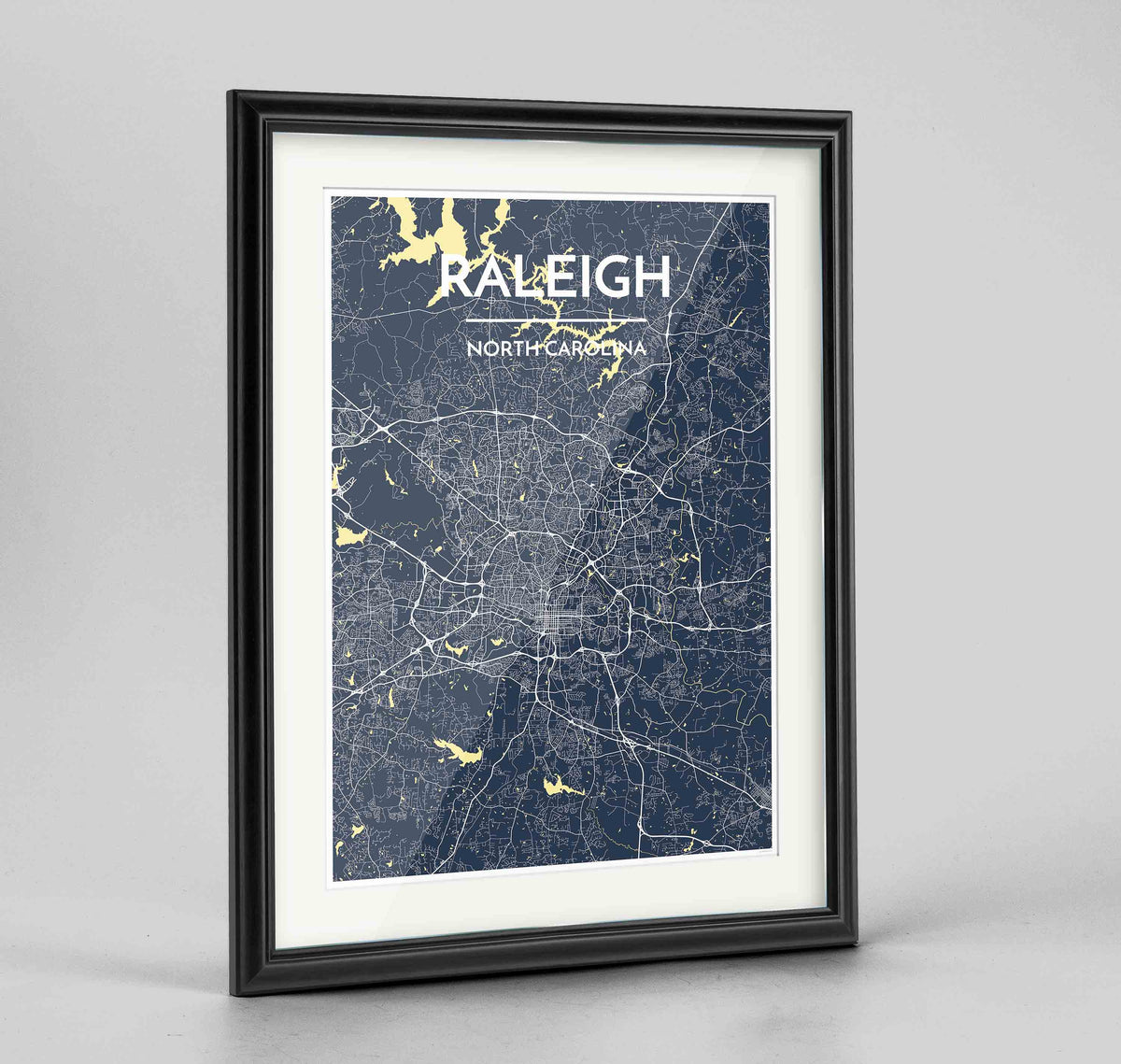 Framed Raleigh Map Art Print 24x36&quot; Traditional Black frame Point Two Design Group