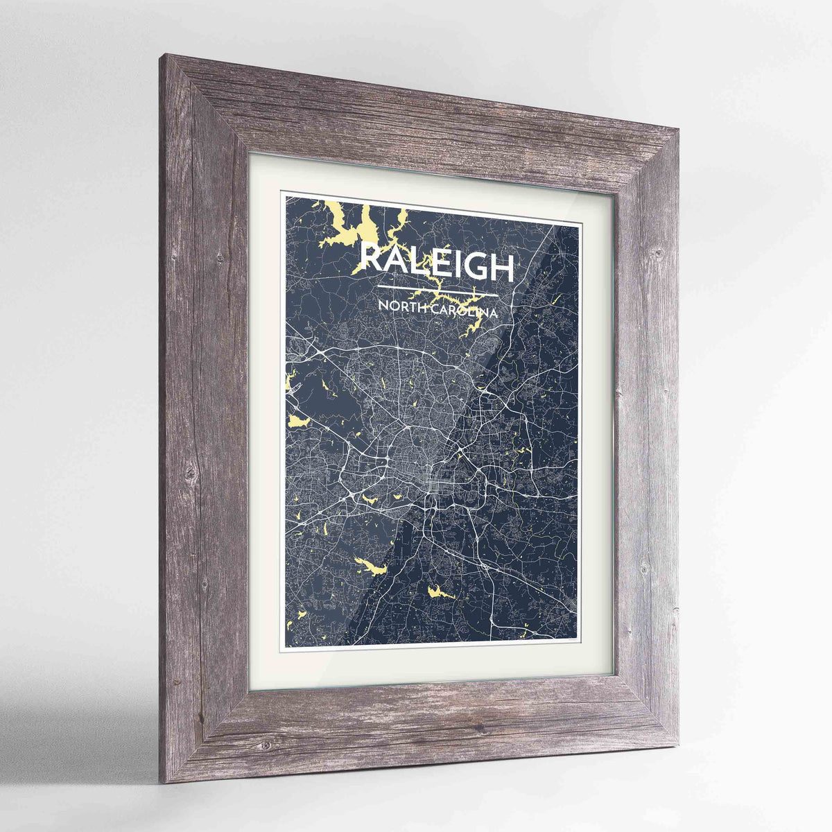 Framed Raleigh Map Art Print 24x36&quot; Western Grey frame Point Two Design Group