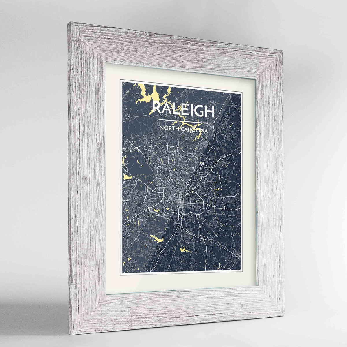 Framed Raleigh Map Art Print 24x36&quot; Western White frame Point Two Design Group