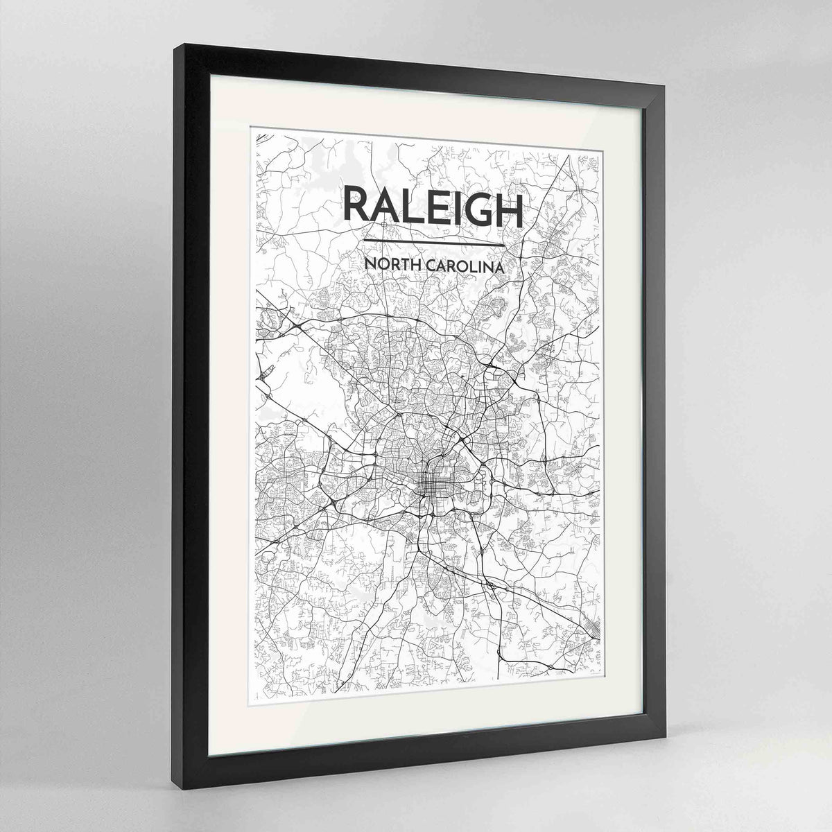 Framed Raleigh Map Art Print 24x36&quot; Contemporary Black frame Point Two Design Group