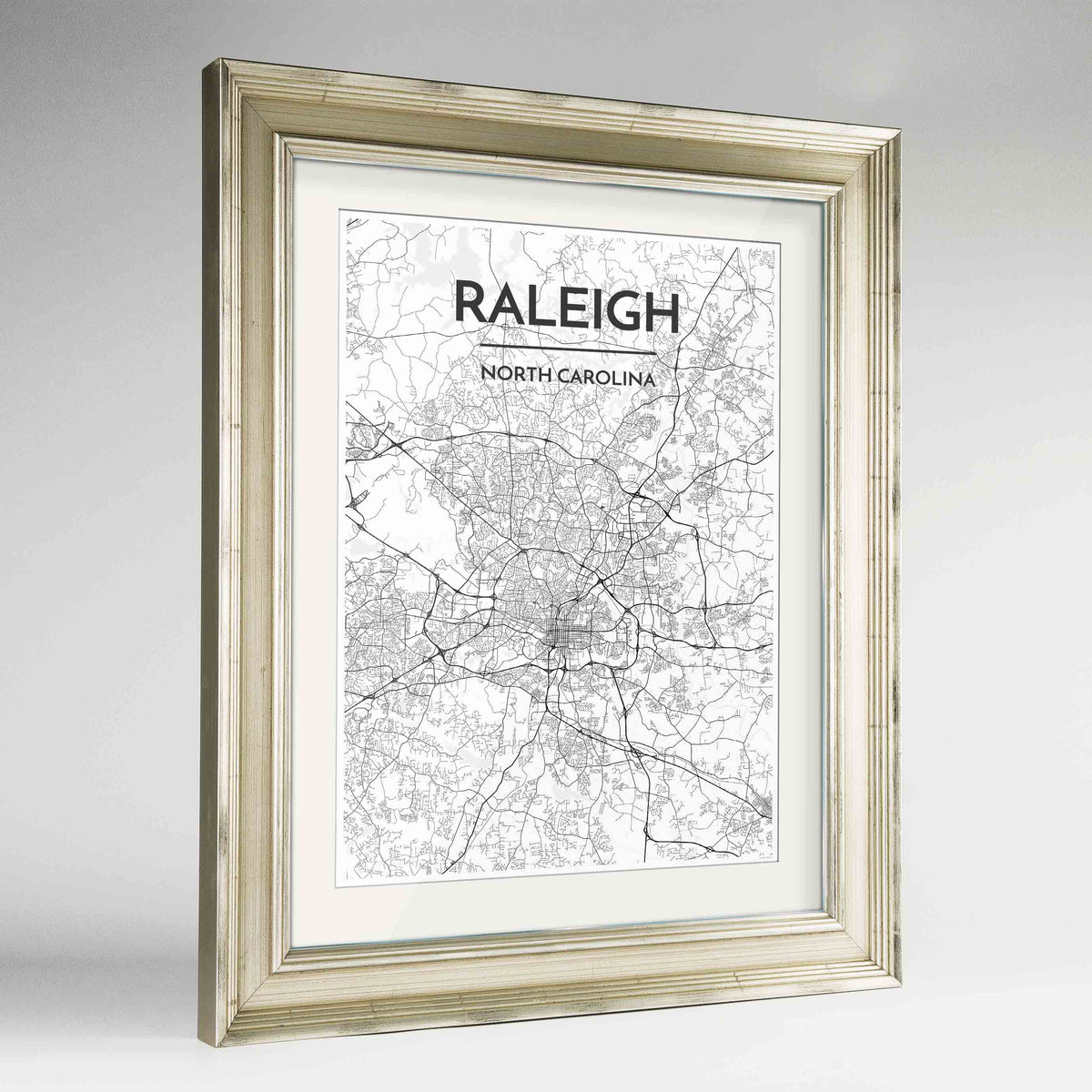 Framed Raleigh Map Art Print 24x36&quot; Champagne frame Point Two Design Group