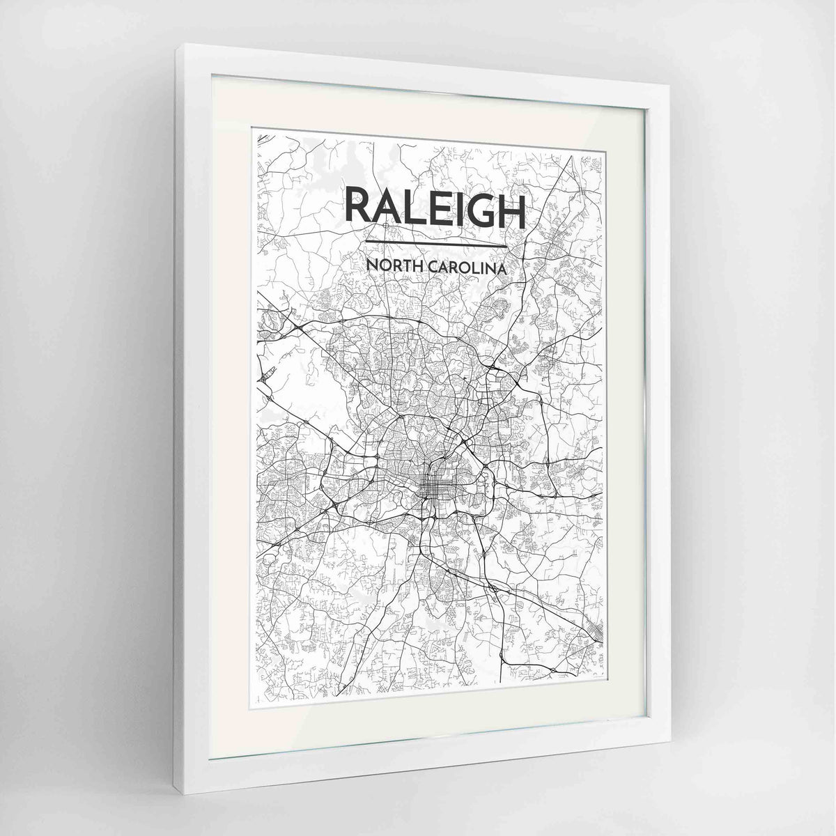 Framed Raleigh Map Art Print 24x36&quot; Contemporary White frame Point Two Design Group