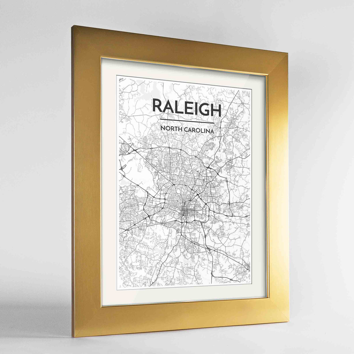 Framed Raleigh Map Art Print 24x36&quot; Gold frame Point Two Design Group