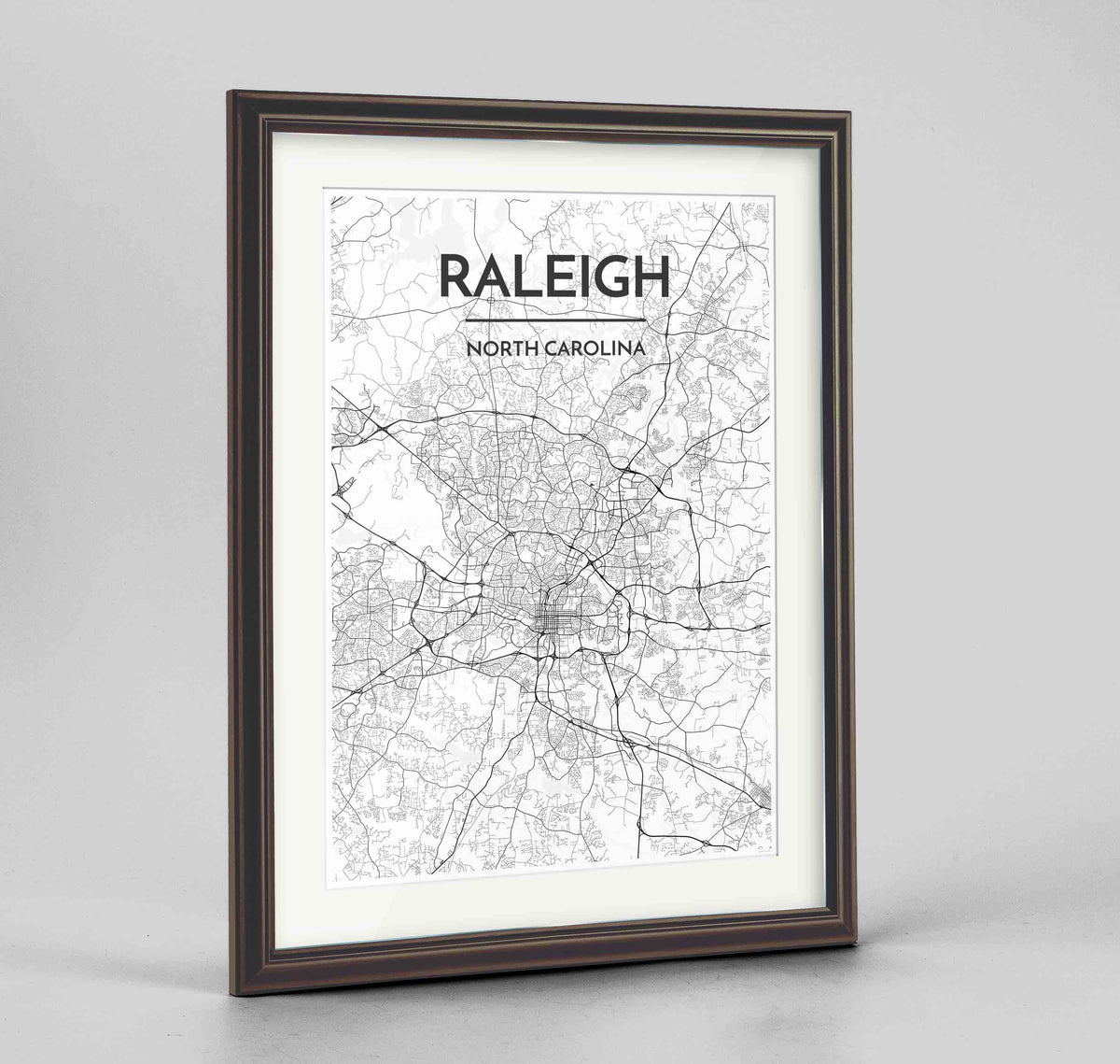 Framed Raleigh Map Art Print 24x36&quot; Traditional Walnut frame Point Two Design Group