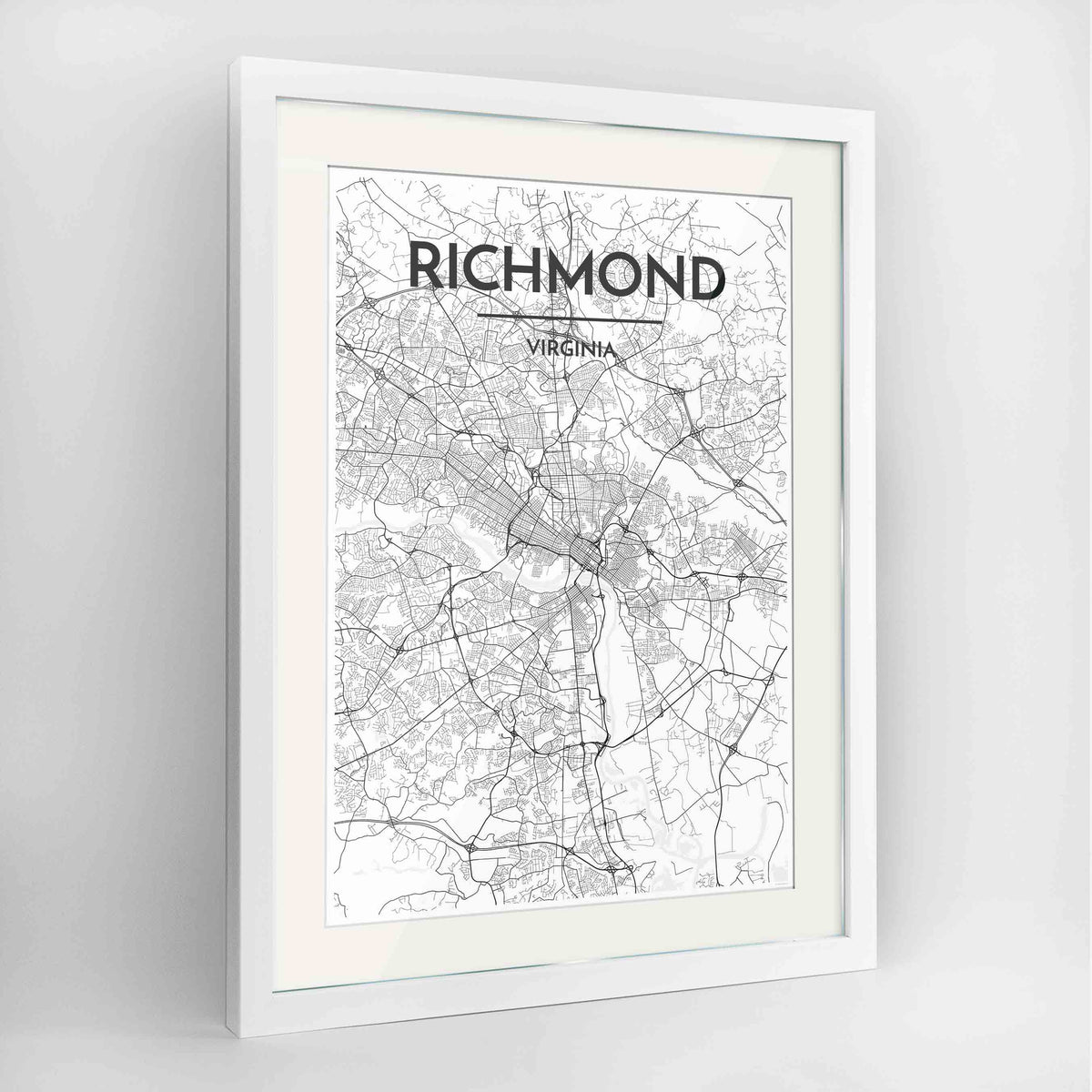 Framed Richmond Map Art Print 24x36&quot; Contemporary White frame Point Two Design Group