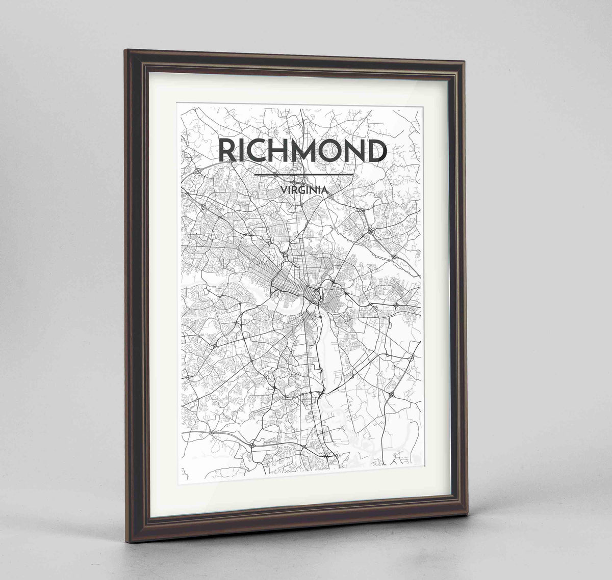 Framed Richmond Map Art Print 24x36&quot; Traditional Walnut frame Point Two Design Group