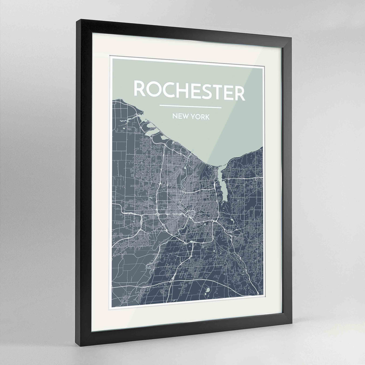 Framed Rochester Map Art Print 24x36&quot; Contemporary Black frame Point Two Design Group