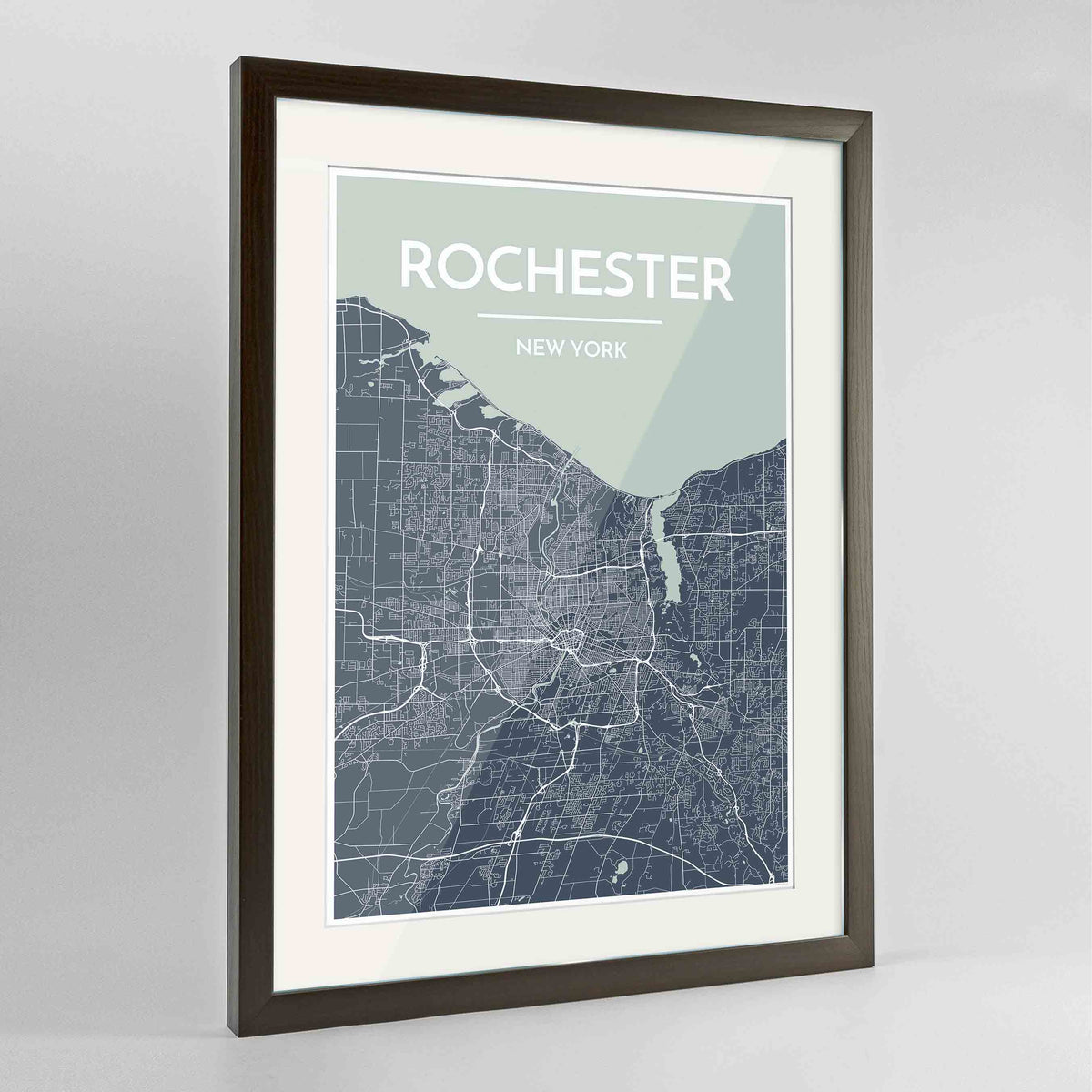 Framed Rochester Map Art Print 24x36&quot; Contemporary Walnut frame Point Two Design Group