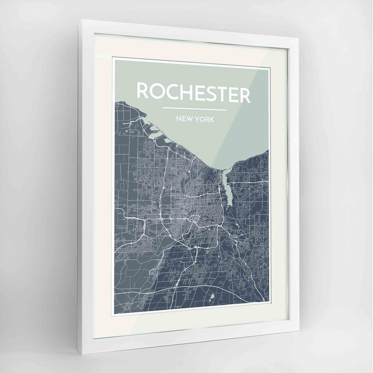 Framed Rochester Map Art Print 24x36&quot; Contemporary White frame Point Two Design Group