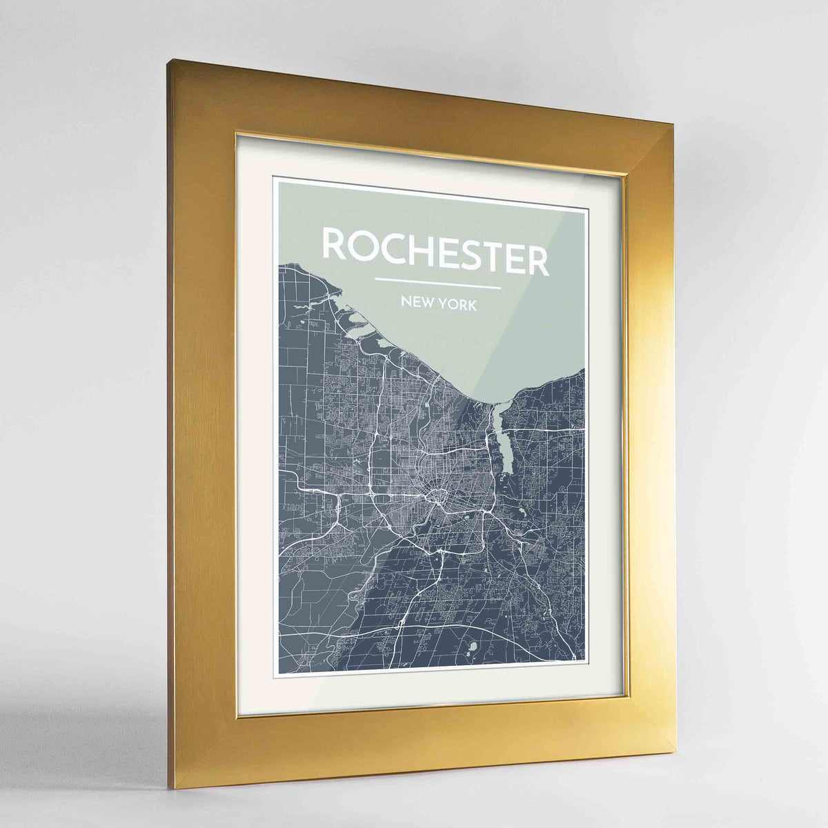 Framed Rochester Map Art Print 24x36&quot; Gold frame Point Two Design Group
