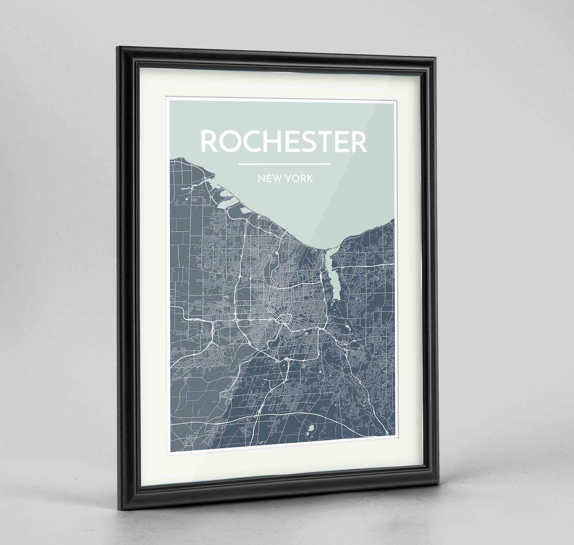 Framed Rochester Map Art Print 24x36" Traditional Black frame Point Two Design Group
