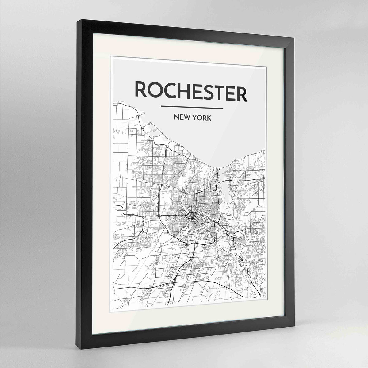 Framed Rochester Map Art Print 24x36&quot; Contemporary Black frame Point Two Design Group