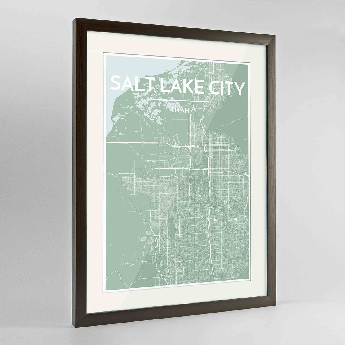 Framed Salt Lake Map Art Print 24x36&quot; Contemporary Walnut frame Point Two Design Group