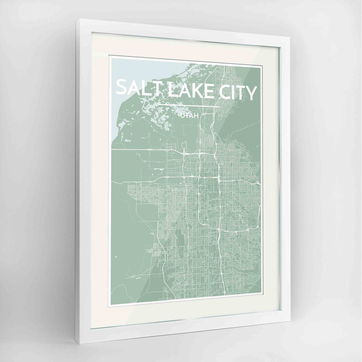 Framed Salt Lake Map Art Print 24x36&quot; Contemporary White frame Point Two Design Group