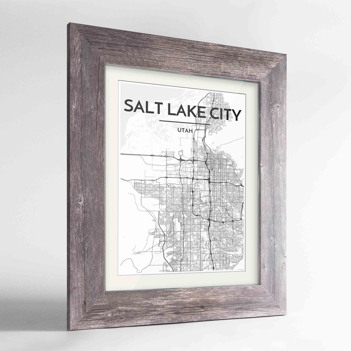 Framed Salt Lake Map Art Print 24x36&quot; Western Grey frame Point Two Design Group