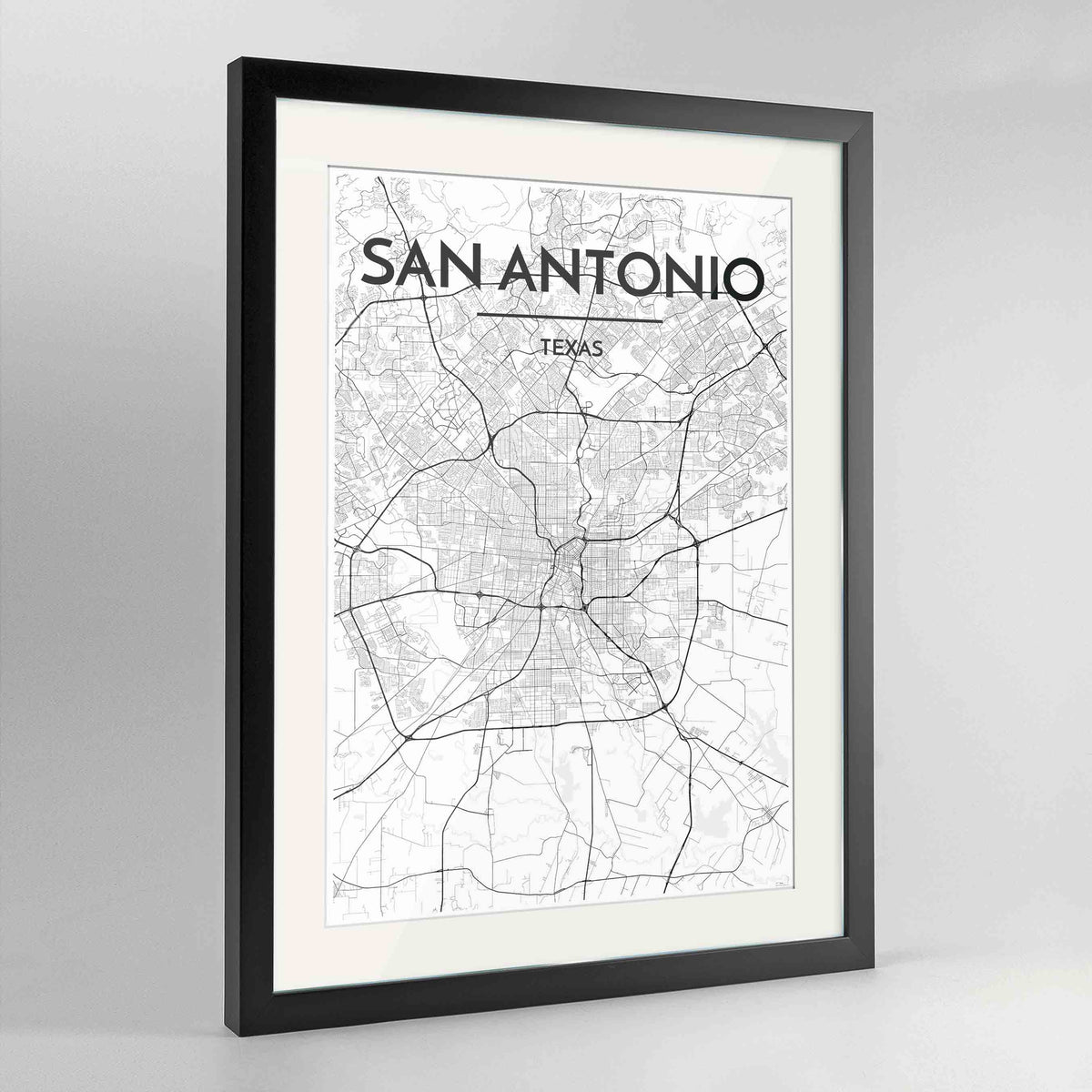 Framed San Antonio Map Art Print 24x36&quot; Contemporary Black frame Point Two Design Group