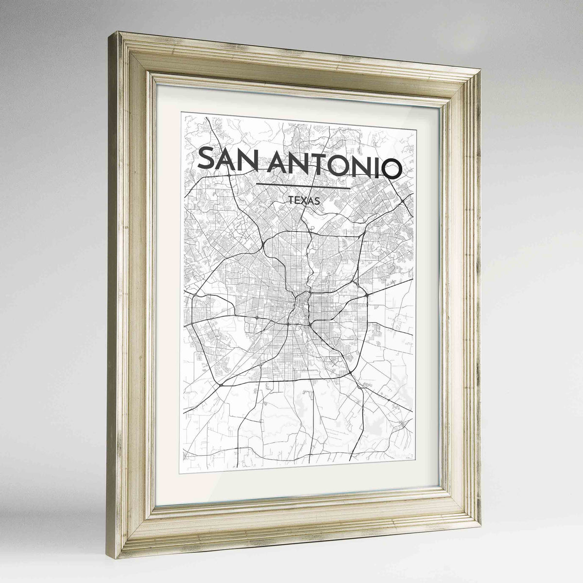 Framed San Antonio Map Art Print 24x36&quot; Champagne frame Point Two Design Group