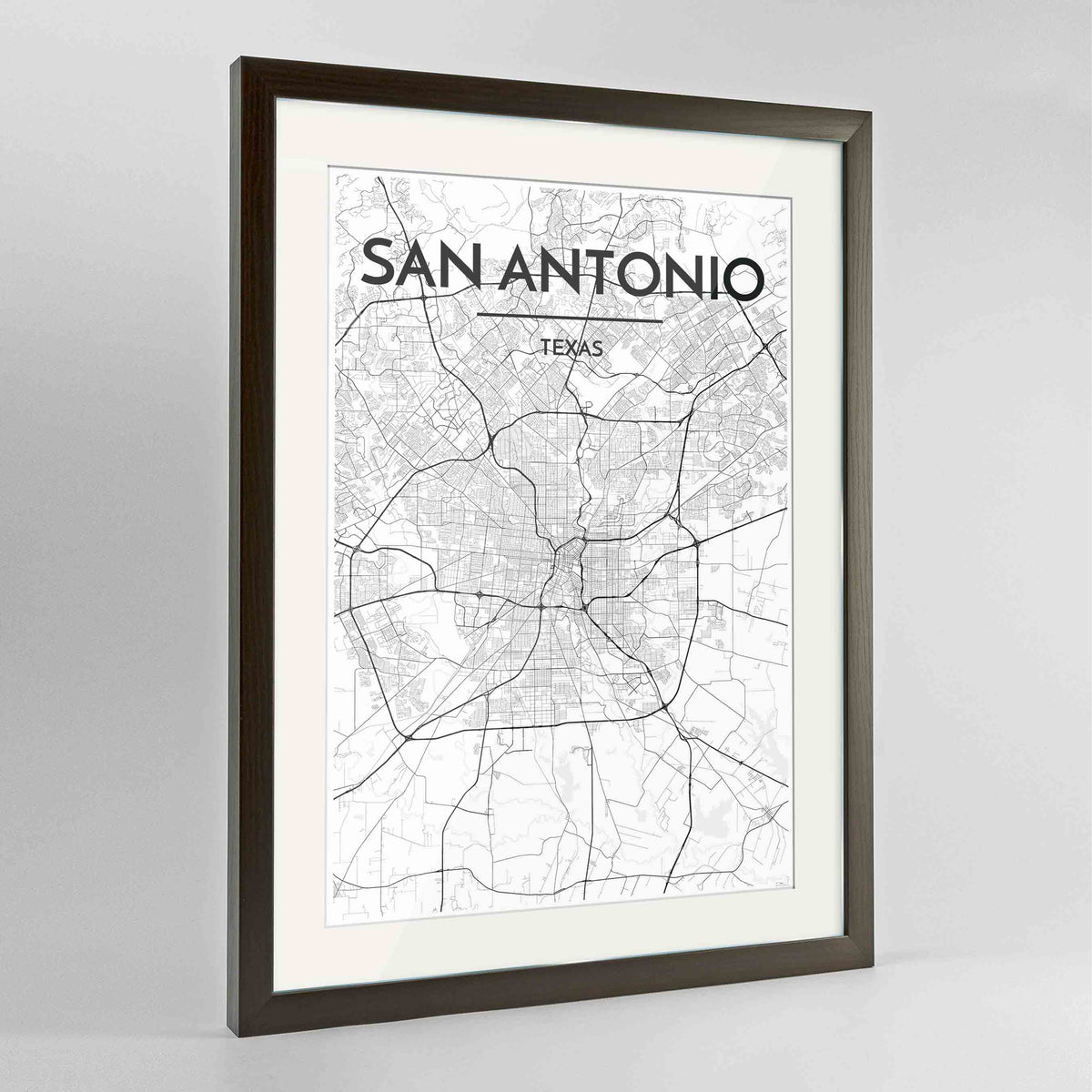 Framed San Antonio Map Art Print 24x36&quot; Contemporary Walnut frame Point Two Design Group