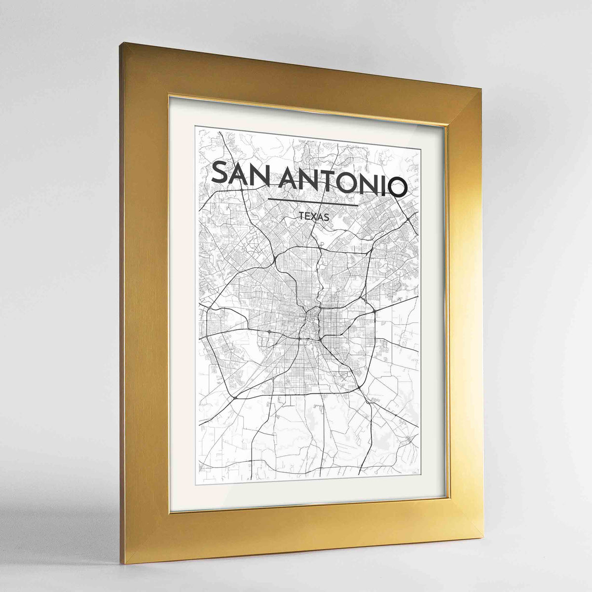 Framed San Antonio Map Art Print 24x36&quot; Gold frame Point Two Design Group