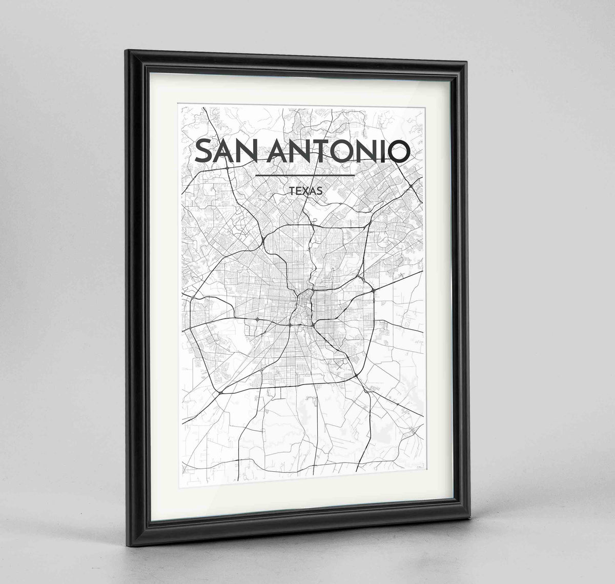 Framed San Antonio Map Art Print 24x36&quot; Traditional Black frame Point Two Design Group