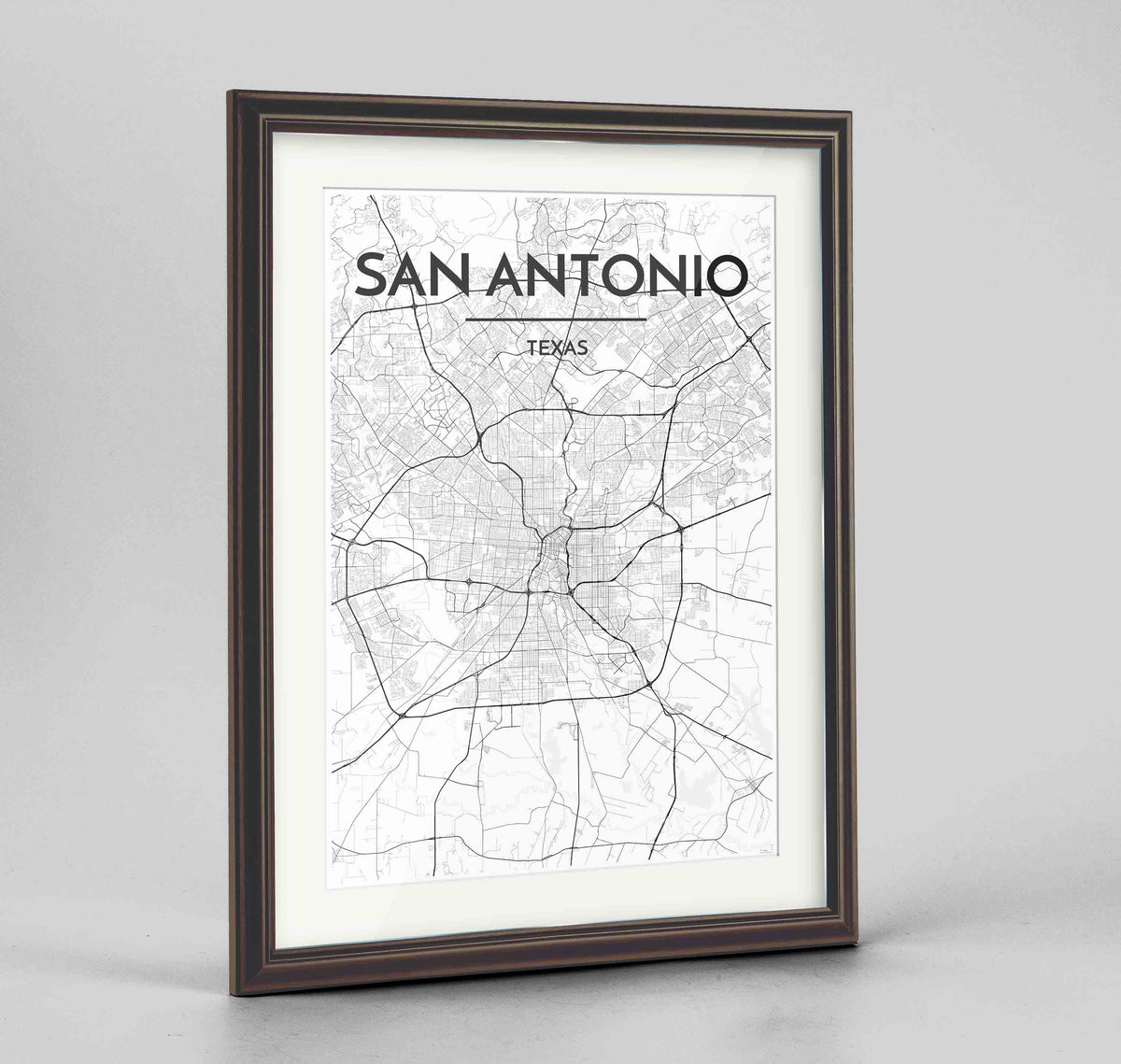 Framed San Antonio Map Art Print 24x36&quot; Traditional Walnut frame Point Two Design Group