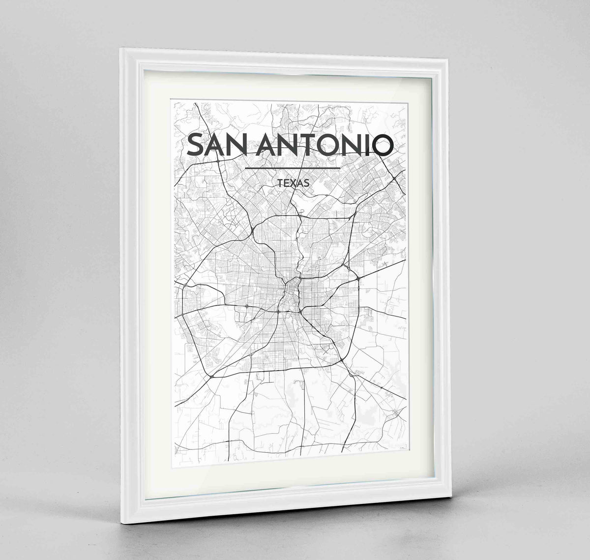 Framed San Antonio Map Art Print 24x36&quot; Traditional White frame Point Two Design Group