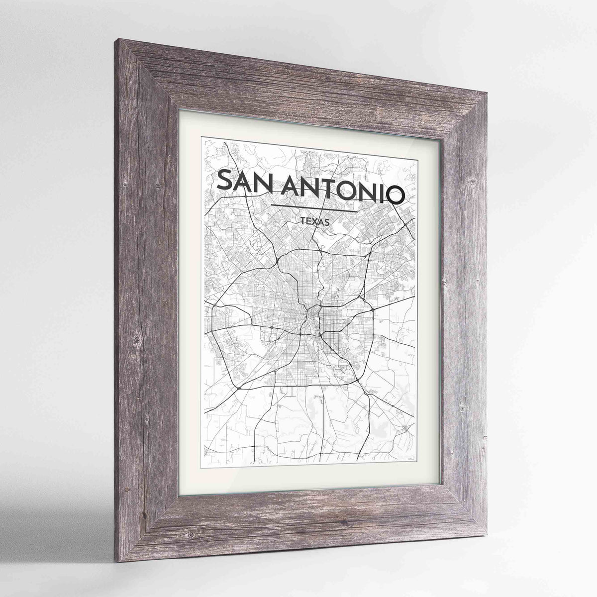 Framed San Antonio Map Art Print 24x36&quot; Western Grey frame Point Two Design Group