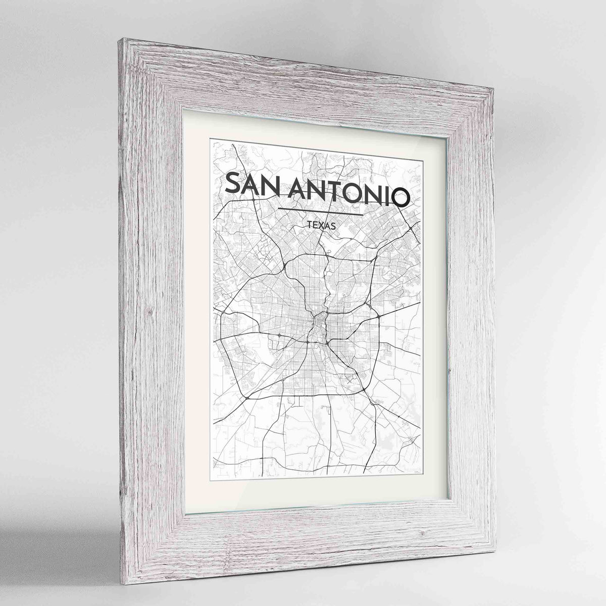 Framed San Antonio Map Art Print 24x36&quot; Western White frame Point Two Design Group