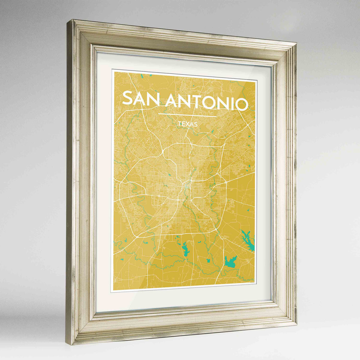 Framed San Antonio Map Art Print 24x36&quot; Champagne frame Point Two Design Group