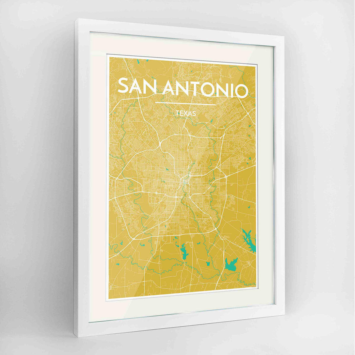 Framed San Antonio Map Art Print 24x36&quot; Contemporary White frame Point Two Design Group
