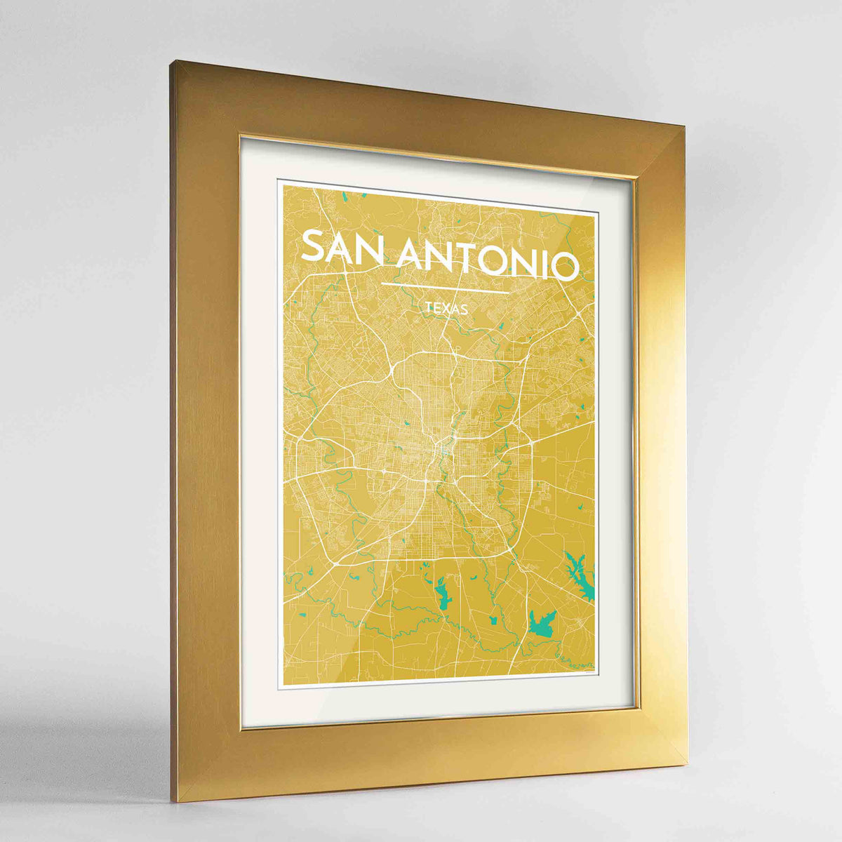 Framed San Antonio Map Art Print 24x36&quot; Gold frame Point Two Design Group
