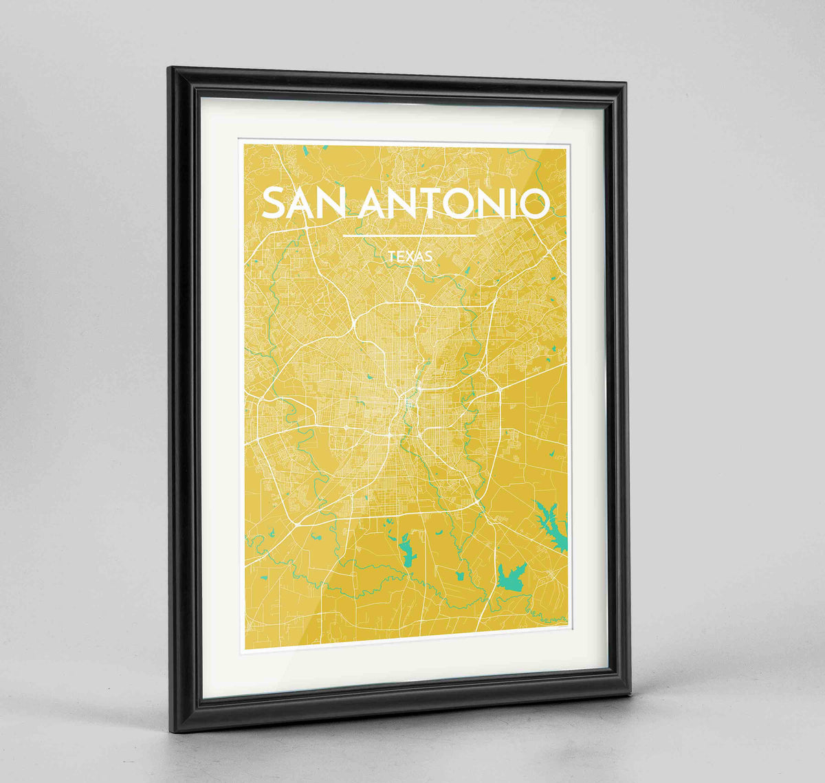 Framed San Antonio Map Art Print 24x36&quot; Traditional Black frame Point Two Design Group