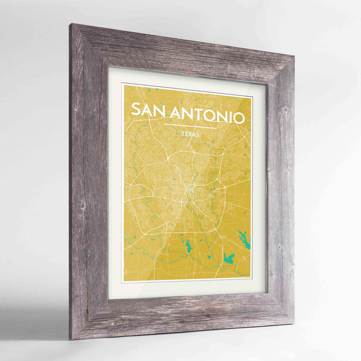 Framed San Antonio Map Art Print 24x36&quot; Western Grey frame Point Two Design Group