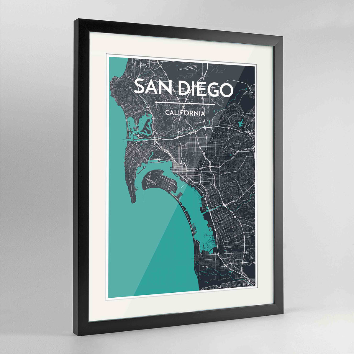 Framed San Diego Map Art Print 24x36&quot; Contemporary Black frame Point Two Design Group
