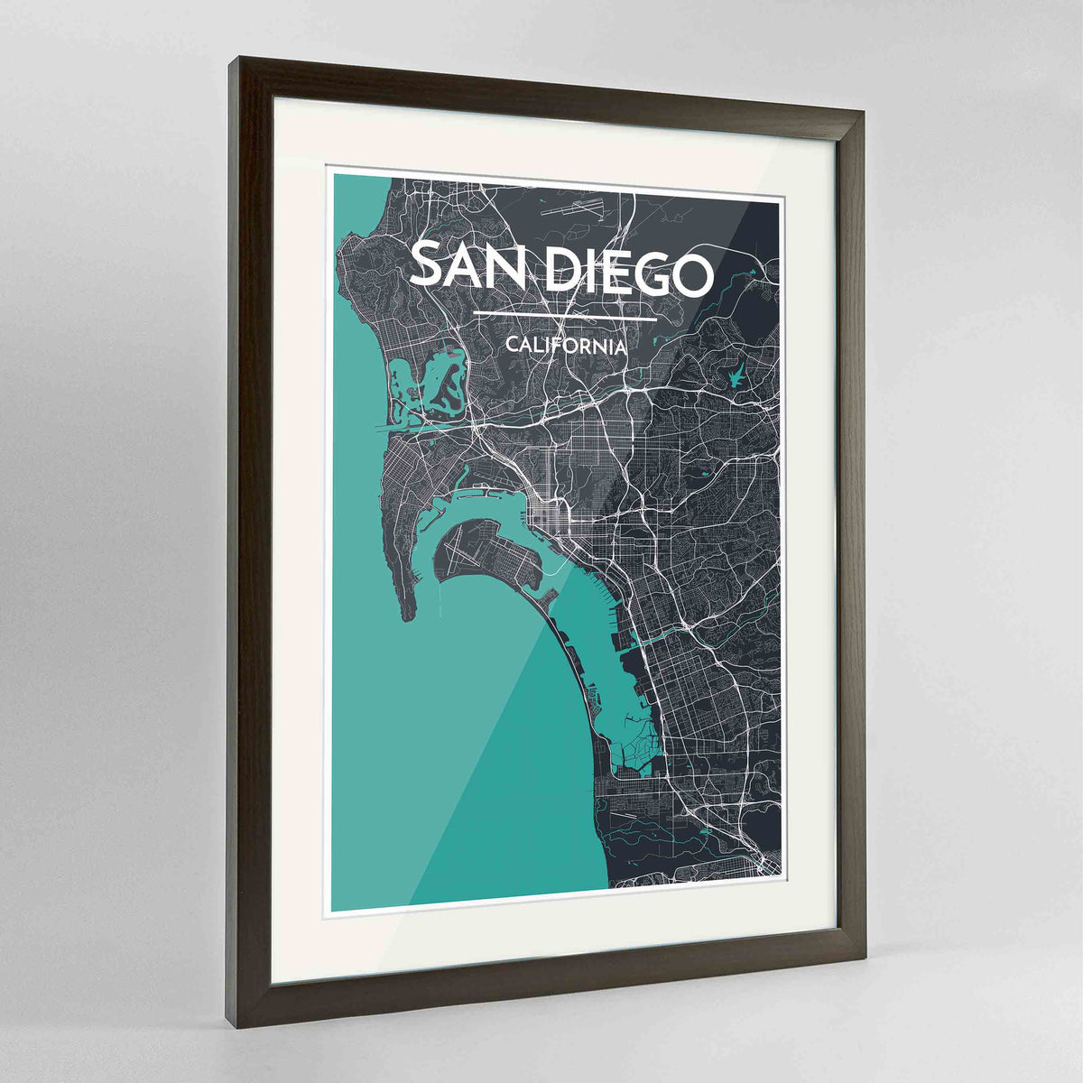 Framed San Diego Map Art Print 24x36&quot; Contemporary Walnut frame Point Two Design Group